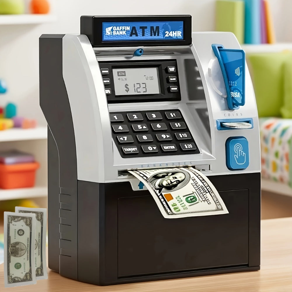 Electronic ATM Kids Piggy Bank with Password – Banknote & Coin Savings Bank for Boys Girls, Birthday Gift, Christmas Gift, Interactive Money Bank Toy, Black & Blue