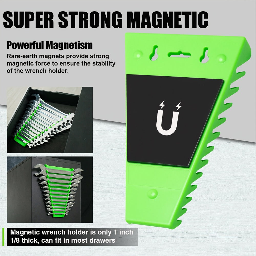 Magnetic Wrench Organizer Rack 4-Pack Tool Tray for SAE 1/4"-1-1/16" and Metric 6mm-24mm Wrenches PE Magnetic Backing for Toolbox Cabinet Steel Surface Storage