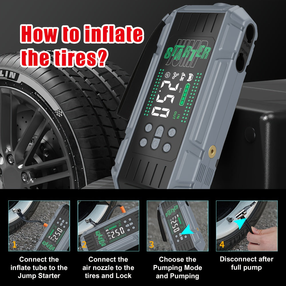 9000A Jump Starter Featuring an Air Compressor, Designed for All Gasoline And 2.11gal Diesel Engines. This Multifunctional Battery Pack Includes a Digital Tire Inflator, Blower Pump, PD65W Fast Charging Technology for Both Input And Output