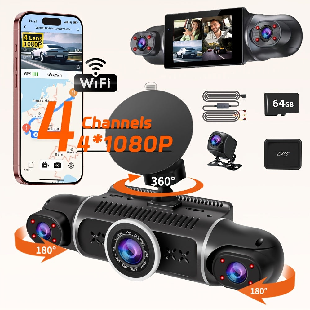Dash Cameras for Vehicles Wifi with GPS Night Vision Car Black Box 4 Cameras with 1080P Resolution 170° Ultra-Wide Angle Super Clear Night Vision with 8IR Light Parking Monitoring Loop Recording And G-Sensor Dash Cameras for Truck