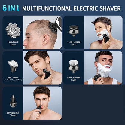 Bald Head Shaver for Men 5-in-1 8D Electric Razor — Multi-Directional Floating Blades with Beard Grooming Kit, Rechargeable Cordless Men's Grooming Set, Smooth Close Shave, Gift for Him (Silver / 9D Options)