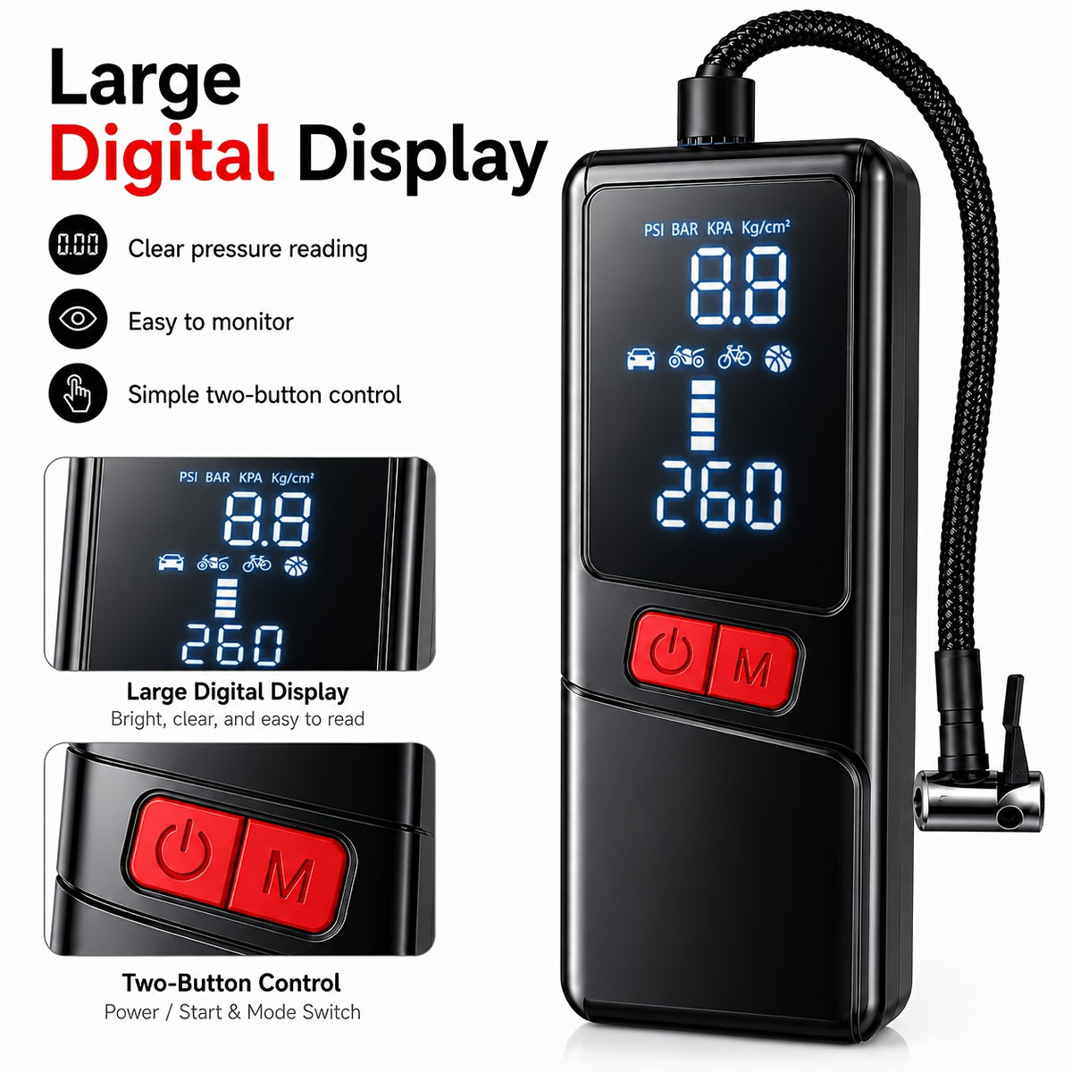 12000APortable Wireless Car Air Compressor Inflator Hand Pump with LED Lighting, Suitable for Cars/motorcycles/bicycles