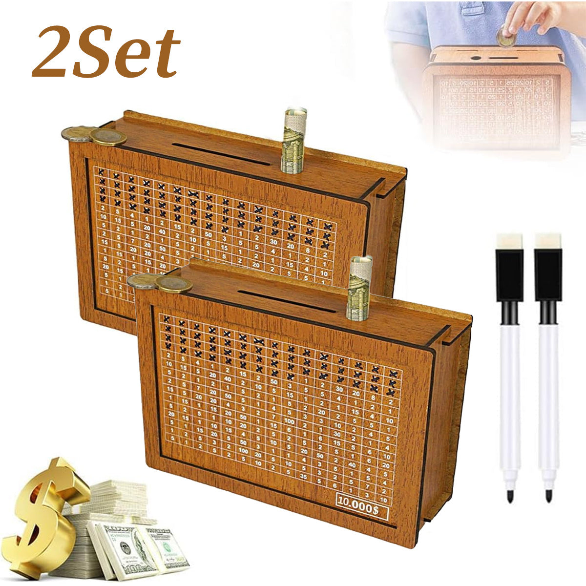 Wooden Savings Bank with Digital Counter 2-Pack – 7.87x5.7" Adult Coin Bank Holds $10,000, Savings Goal Tracker Box, Ideal Gift for Friends Family Home Decor