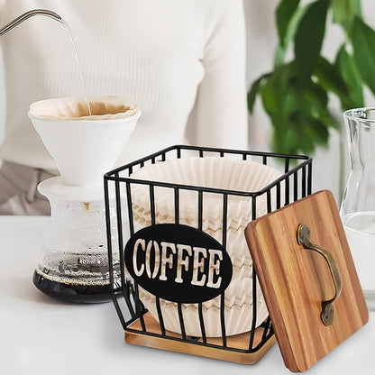 K-Cup Coffee Pod Holder Rack with Lid – Large Capacity Black Metal Square Coffee Capsule Storage Organizer with Wooden Base, Modern Coffee Bar Countertop Decoration for Coffee Beans & Capsules – Black