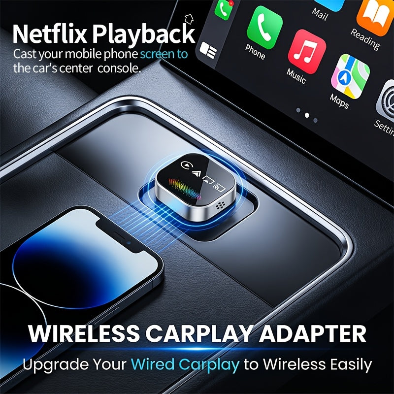 2026 Upgraded 4-in-1 Mini Wireless CarPlay Adapter, with Colorful Breathing Light, Plug & Play Wired to Wireless Converter for IOS CarPlay & Android Auto, BT 5.0, USB & USB-C Compatible