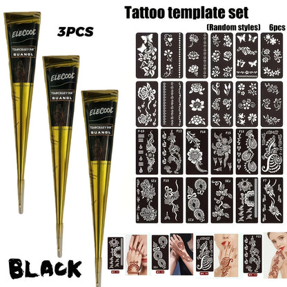 Temporary Semi-Permanent Tattoo Paste Kit - Waterproof Body Art Gel in Brown & Black with Tattoo Templates, Safe Non-Irritating Henna-Style Ink for Parties, Festivals, Cosplay & Daily Decoration