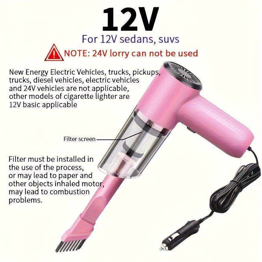 12V Compact Handheld Car Vacuum - Powerful, Wired for Easy Dust & Pet Hair Removal - Includes Accessories Kit - Silent Operation