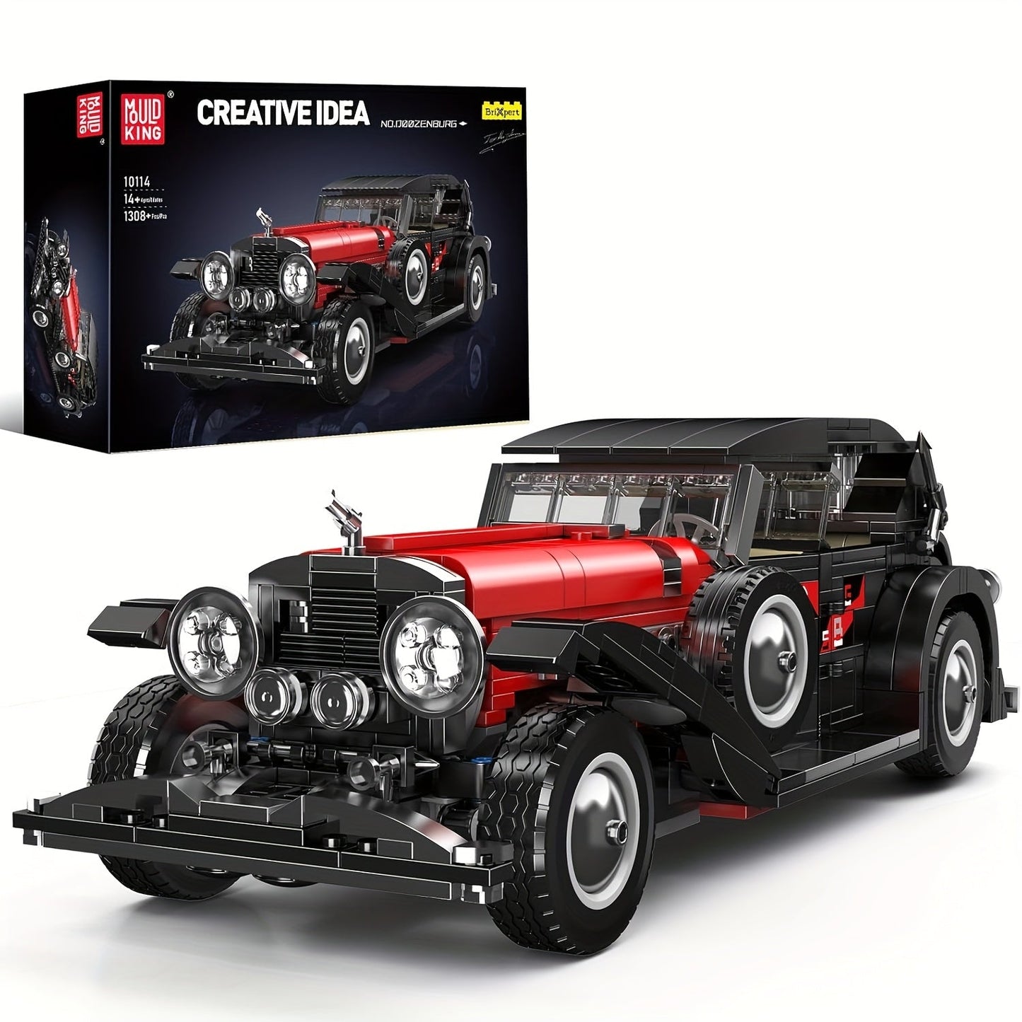 Mould King 10114 Vintage Classic Car Building Blocks Set 1308 Pcs – MOC Retro Car Collectible Display Model for Adults Teens Car Enthusiasts Birthday Christmas Father's Day Gift