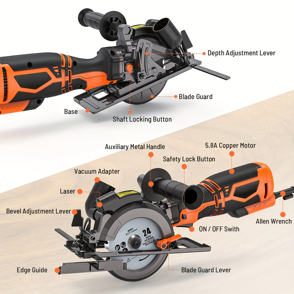 4.5 Inch Mini Compact Circular Saw with Laser Guide, Dual Metal Side Handle Stable Control, 5.2A 7000RPM Power Saw, 43mm Max Cutting Depth, 6 Extra Saw Blades Included, Cuts Wood, Plastic, Soft Metal, Tile. Perfect DIY Power Tool Gift