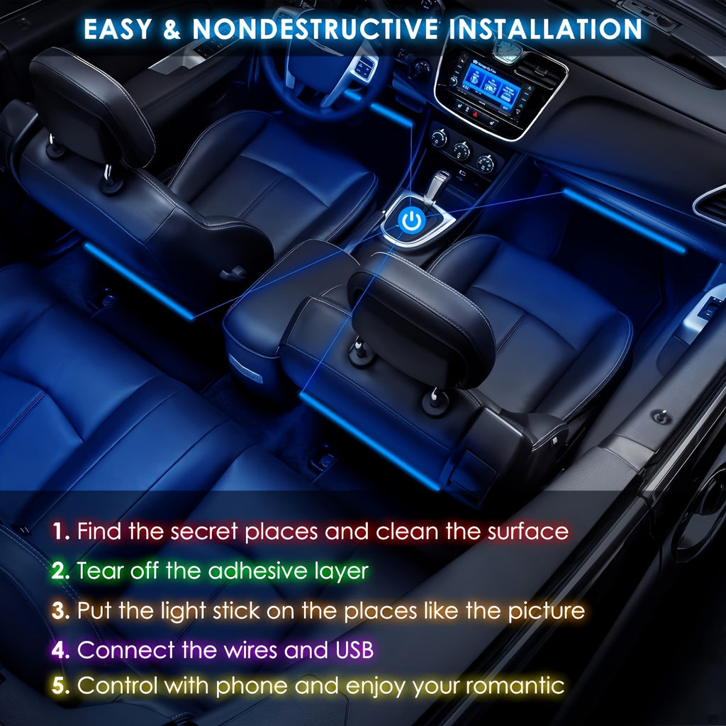 [Music Sync LED Car Lights] GY 4pcs USB-Powered LED Car Interior Lighting Kit | Colorful Underfoot Lights with Music Sync for Enhanced Ambiance, Without Battery