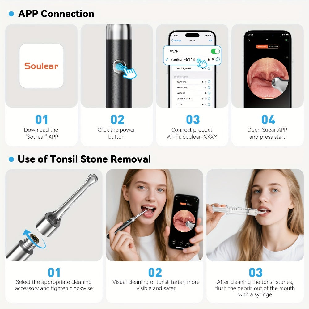 Intelligent Visual Tonsil Stone Removal Kit – 1080P HD Camera, 6 LED Lights, Wi-Fi & App Connection, Multi-Accessory Oral Inspection Tool for All Ages