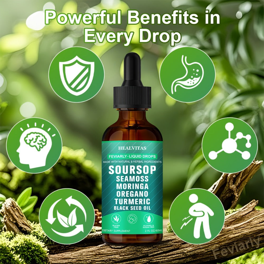 Soursop Bitters Liquid Supplement 2oz 10-in-1 with Seaweed Moringa Turmeric Black Seed Oil & Oregano Herbal Extracts — Highly Absorbable Digestive Gut & Intestinal Health Support for Women & Men