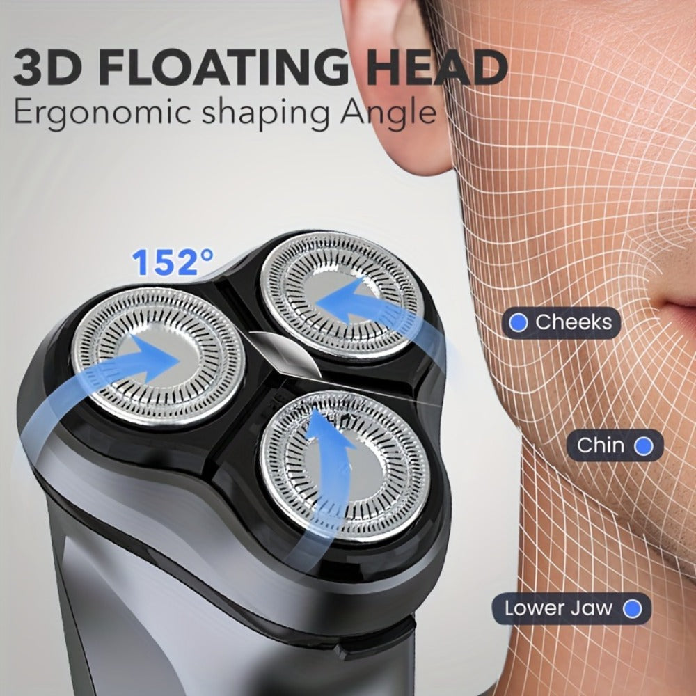 Electric Shaver Men 3D Floating Rotary Head Rechargeable Razor – Pop-Up Trimmer 1-Hour Fast Charge LCD Display, Wet Dry Shaving Machine Replaceable Cutter Head for Home & Travel Daily Grooming