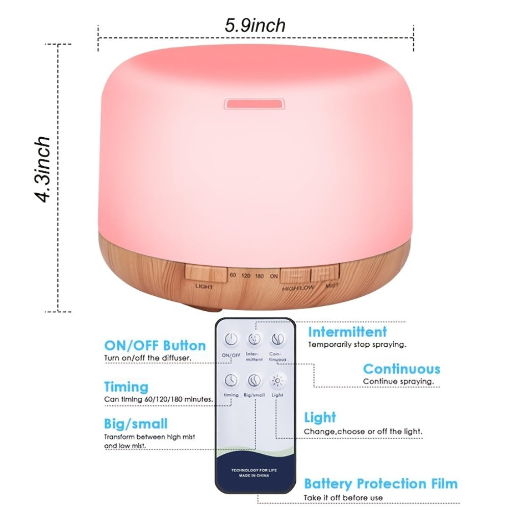 Large Room Essential Oil Diffuser 16.91oz – Timer, 7 Ambient LED Lights, No Water Auto-Off, Wood Grain Design for Home & Office