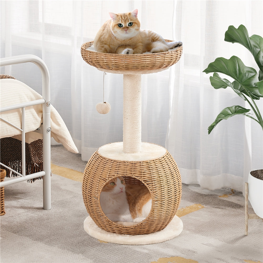 Cat Tree 29.5 Inch Rattan Cat House with Natural Sisal Scratching Post – Woven Cat Condo, Soft Cushion Perch, Hanging Bell Toy, Luxury Cat Furniture for Small to Medium Cats, Beige