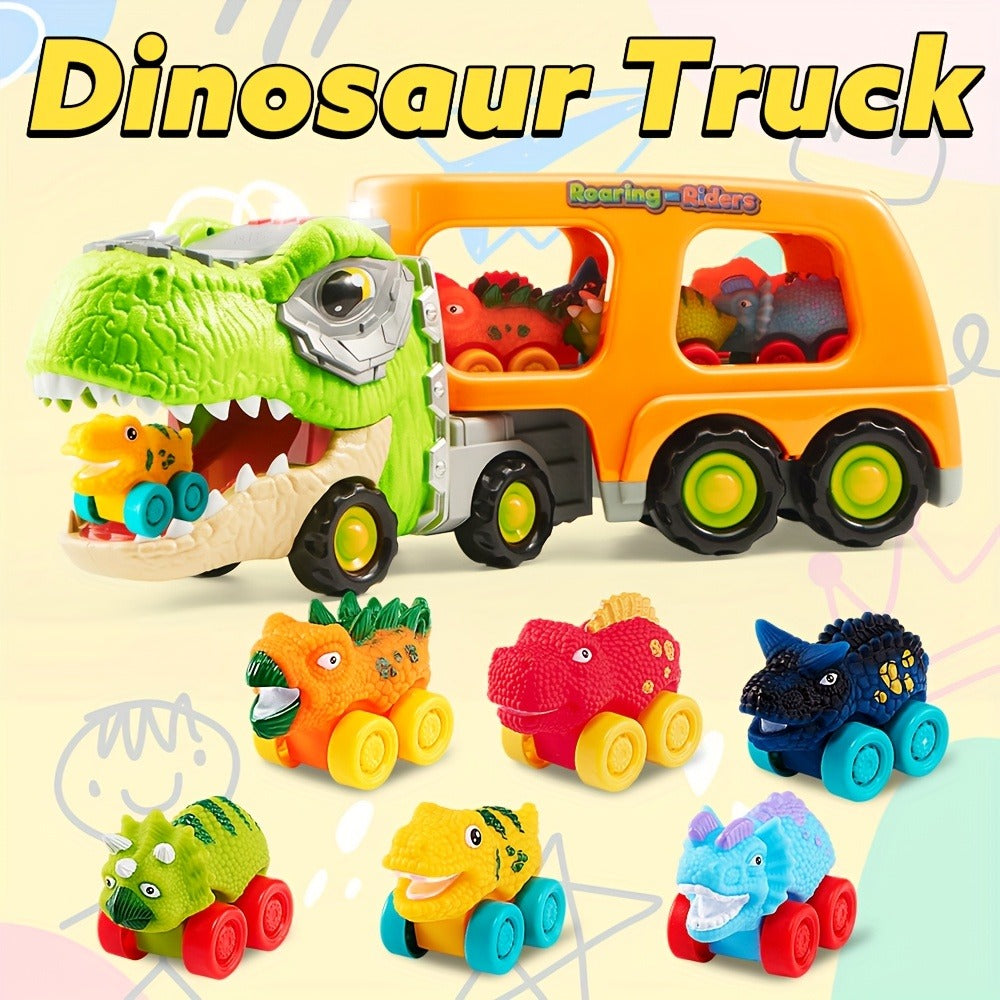 T-Rex Carrier Truck Toy with 6 Mini Rubber Dinosaur Cars LED Lights & Roaring Sound – Sliding Ramp Launch Two-Level Storage Transport Vehicle for Toddlers Kids Ages 2-6 Birthday Gift Boys Girls