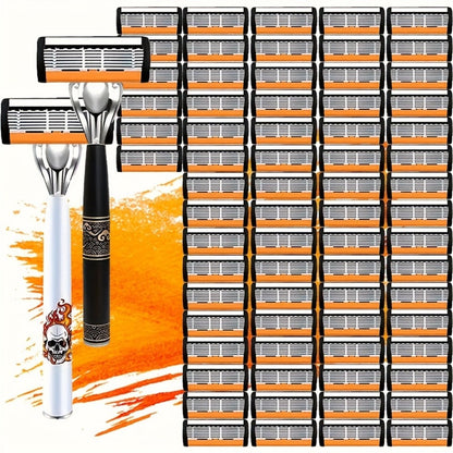 Beard Razor for Men 6-Layer Stainless Steel Blades Premium Metal Handle 36 Replaceable Blades – Mustache Grooming Shaver Ultra-Close Traditional Shaving Kit for Daily Use Gift for Him