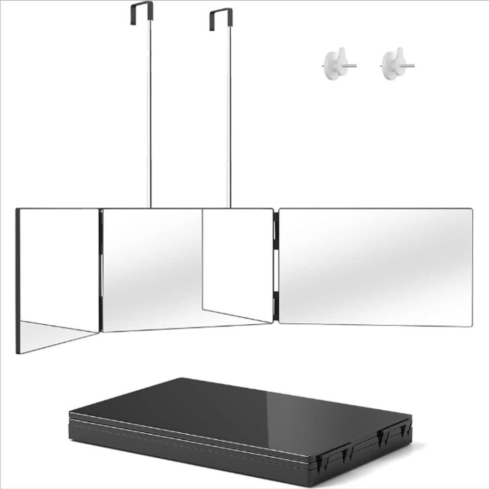 Three-Way Folding Mirror for Haircutting 360° View Anti-Fog HD Glass Height-Adjustable Telescopic Hook - Foldable Three-Sided Mirror for Self Hair Cutting Shaving Makeup Hairstyling at Home