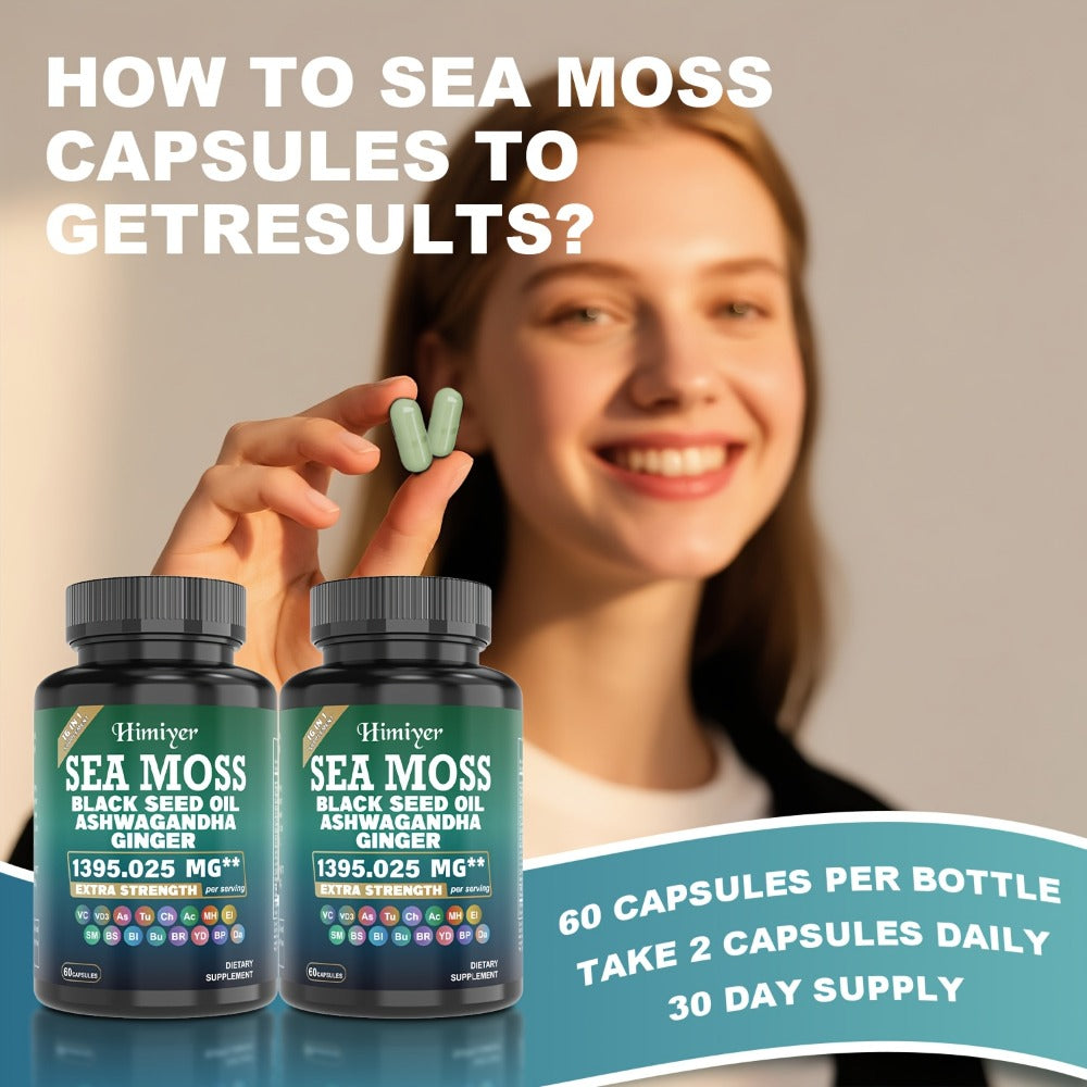 Sea Moss Capsules 3-Pack 180 Count with Black Seed Oil, Ashwagandha, Turmeric & Bladderwrack - Multimineral Thyroid, Immune, Gut & Anti-Inflammatory Wellness Blend with Vitamin C D3 ACV Manuka Honey