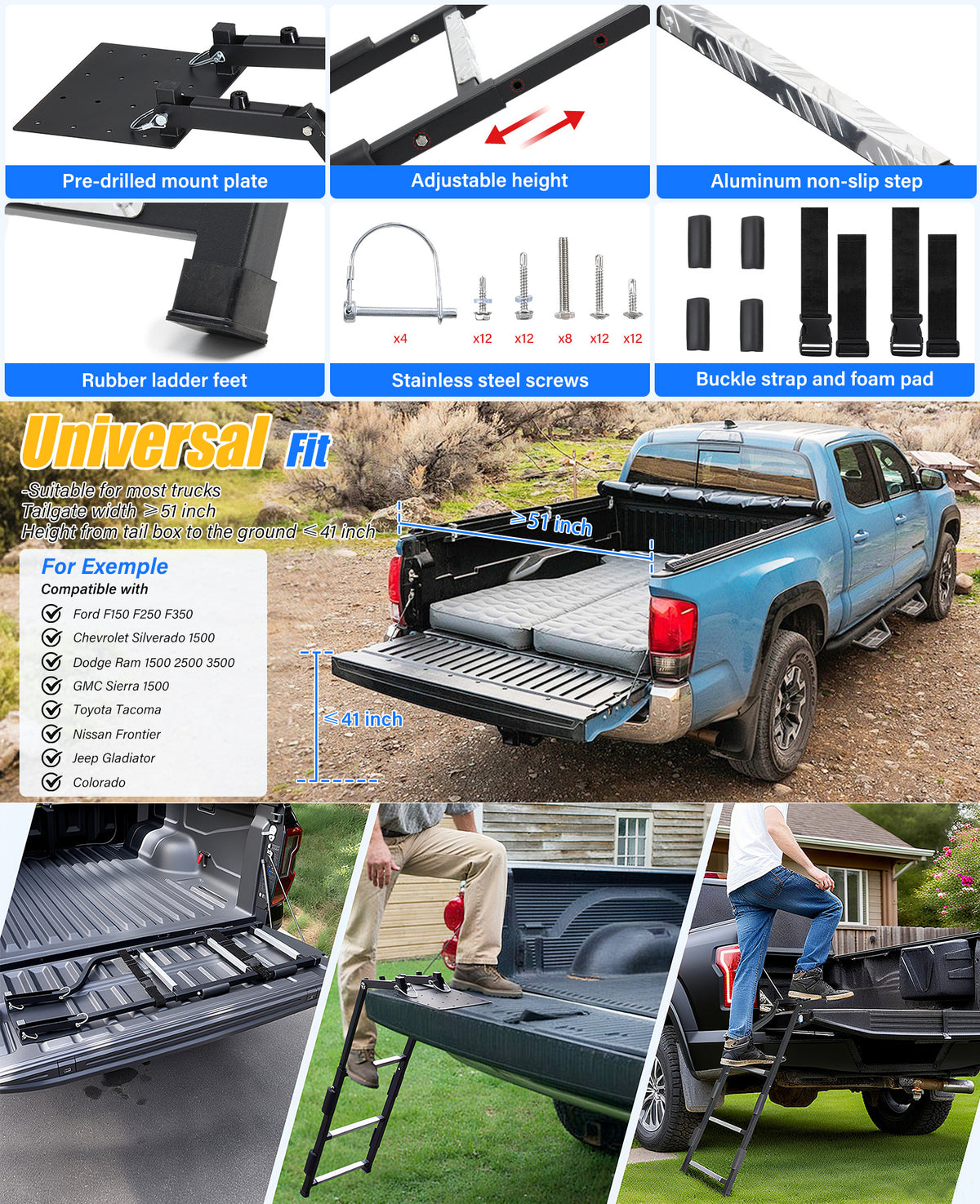 Heavy-Duty Foldable Rear Ladder for Pickup Trucks with Anti-Slip Steps, Adjustable Height, And Universal Fit for Ram, for Ford, Chevy, And for GMC. Easy to Install with Four Screw Options.