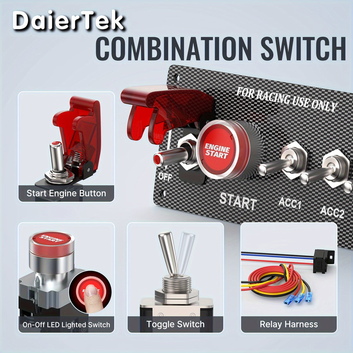 5 in 1 Ignition Switch Panel Race Toggle Switch Panel DC 12V 30A Racing Switch Panel Push Start Ignition Kit for Car Truck