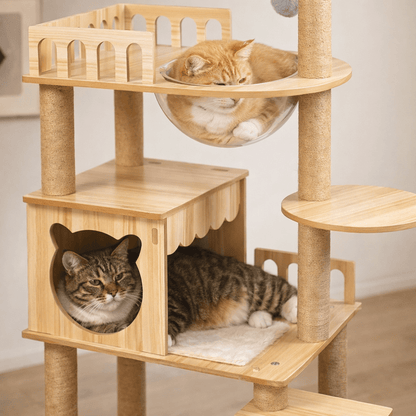 Cat Tree 54 Inch Large Wooden Cat Tower with Space Capsule Multi-Level Cat Condo Sisal Scratching Post for Indoor Cats Luxury Design