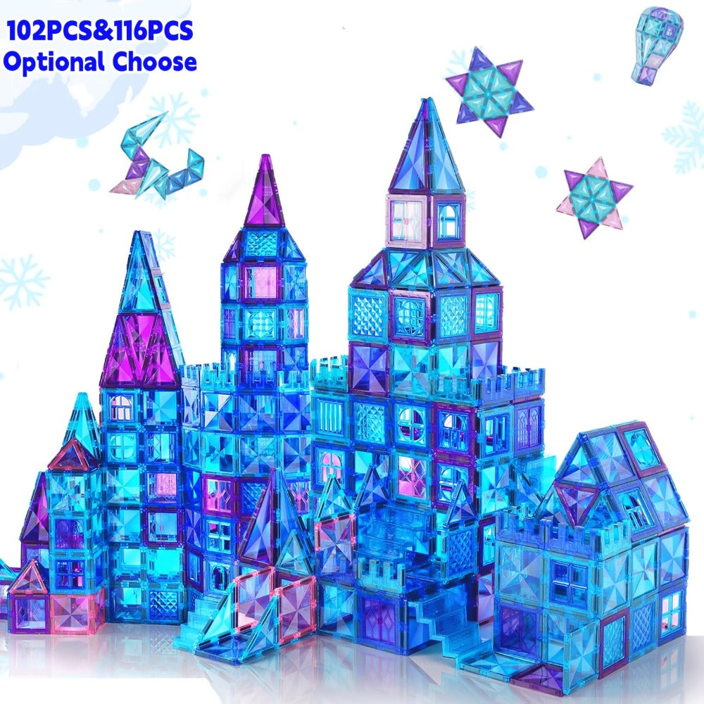 Castle Magnetic Tiles Building Set 102 or 116 Pcs – 3D STEM Sensory Blocks, Pretend Castle Playset for Preschool Boys & Girls Ages 3+, Early Learning & Creative Construction Toy Gift