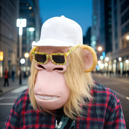 Gorilla Monkey Plush Full Head Mask with White Hair Glasses Hat – Funny Cartoon Animal Costume for Adults Halloween Parties Cosplay Role Play Prank Gift White Gorilla Chimpanzee