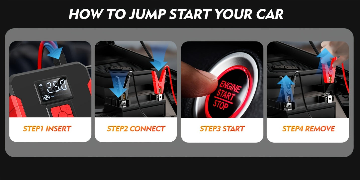 Portable Jump Starter with Air Compressor – 15000A-19000A Peak 350PSI 12V 17-in-1 Car Battery Jump Starter, Digital Display, LED Light & Smart Clamp for Cars Trucks SUVs