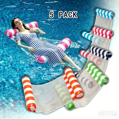 Inflatable Pool Float Lounger Set for Adults – 4-in-1 Striped Hammock Raft Bed & Saddle, 5-Pack or 8-Pack Colorful Floating Lounge for Pool Lake Beach Party