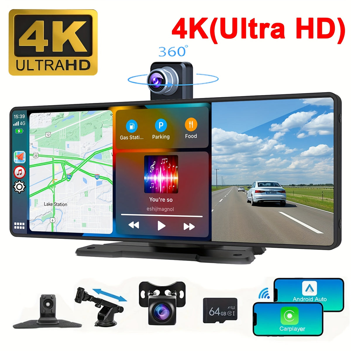 10.26 Inch 4K Ultra HD/7 Inch 1080P Portable Car Stereo with Wireless Carplay Screen, Carplay Radio Touchscreen, Car Video Players for Any Car, Without Battery