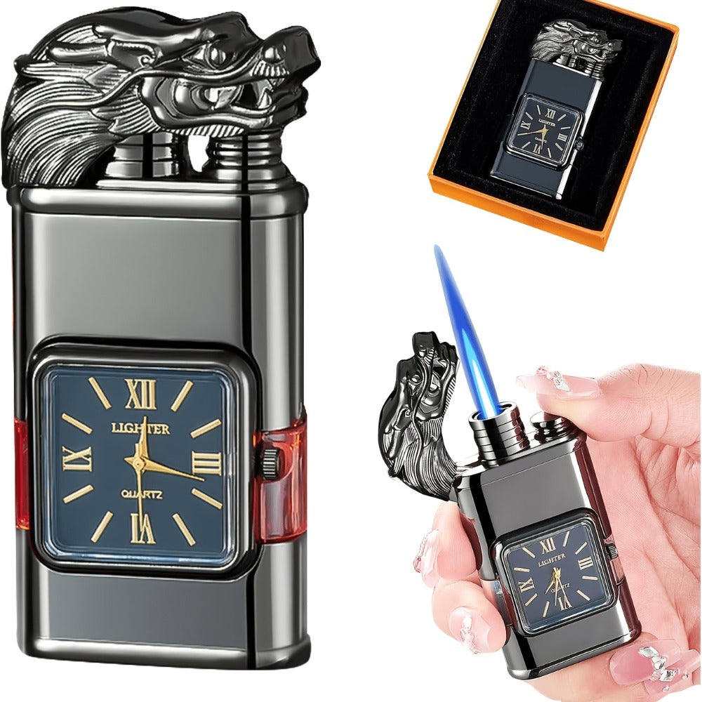 Double Flame Torch Lighter for Men – Windproof Refillable Butane Lighter with Vintage Quartz Dial, Zinc Alloy Body, Gift Box Included, Outdoor Camping BBQ Survival, Unique Engraved Style (Butane Not Included)