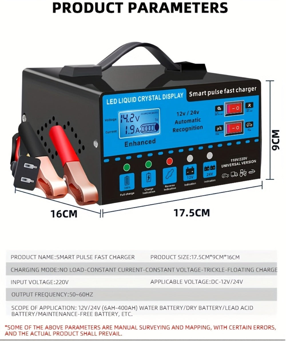 Intelligent Battery Charger & Inverter 12V & 24V – LCD Display, Trickle Maintenance, Overcharge & Short Circuit Protection for Cars Yachts & Batteries