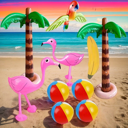 Hawaiian Luau Inflatable Party Decorations 10-Piece Set – 2 Palm Trees, 2 Flamingos, 4 Beach Balls, Parrot & Banana, Tropical Pool Party Supplies for Kids & Adults, Summer Beach Birthday Gift