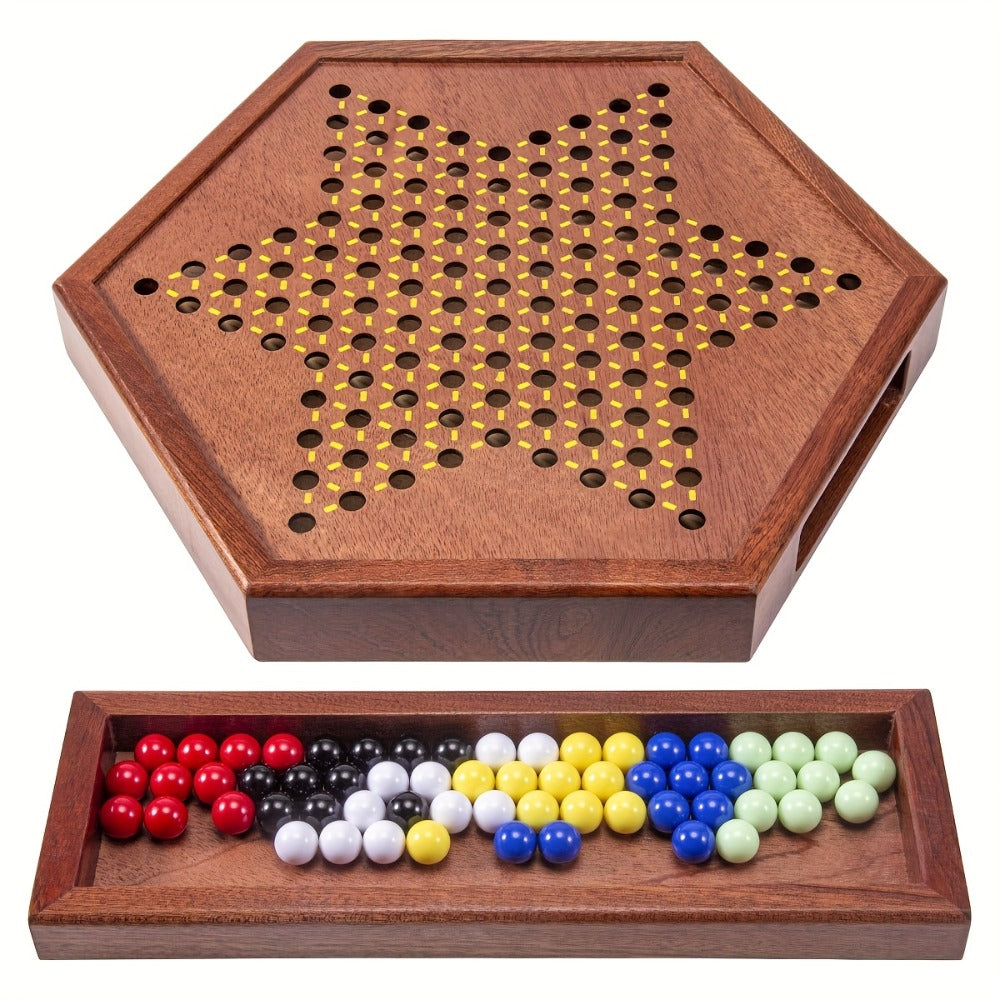 Deluxe Wooden Chinese Checkers Game Set 12.5 Inch Hexagonal Board with Storage Drawer 60 Acrylic Marbles – Classic Family Strategy Board Game for Kids Adults Game Night Gift