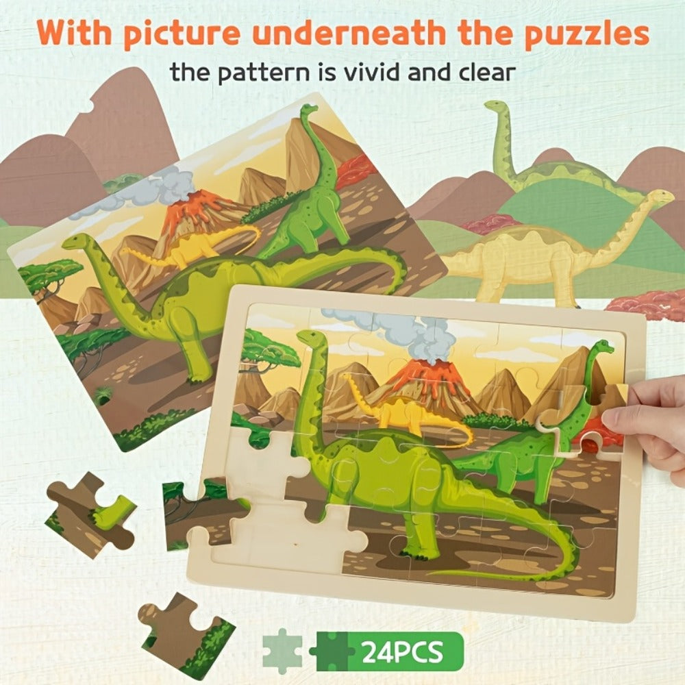 Dinosaur Puzzle Set for Kids Ages 3-8 Wooden 4-in-1 Jigsaw with 24 Pieces Each – Colorful Preschool Educational Toy for Boys & Girls, Fun Birthday Christmas Easter Gift for Toddlers & Children