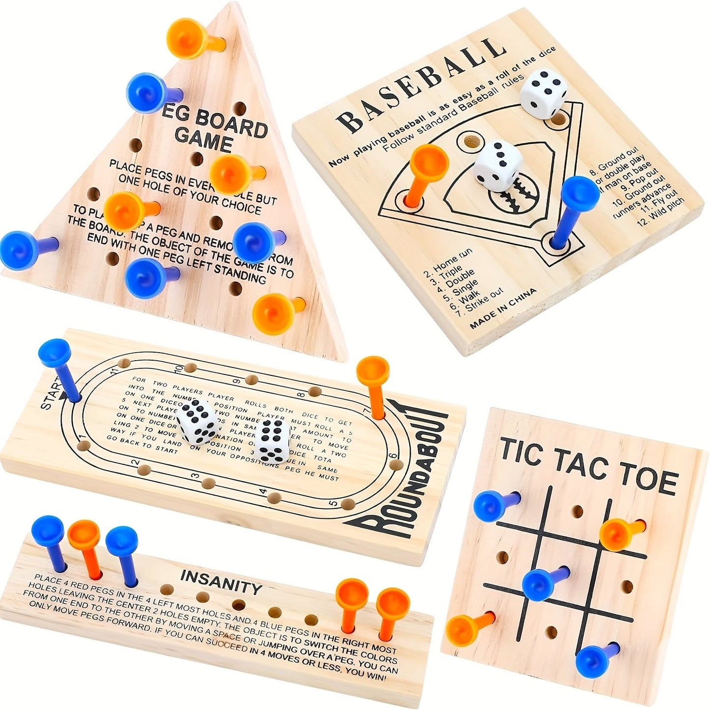 Wooden Board Game Set 5-in-1 – Luban Lock Puzzle Brain Games with Peg Board, Dice & Plastic Pieces, Classic Family Strategy Games Kit for Kids Adults, Educational STEM Toy Gift