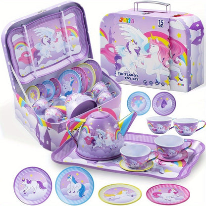 Unicorn Tea Party Set for Girls – Purple Tin Teapot Cups & Plates Pretend Play Princess Kitchen Toy with Storage Case – Magical Unicorn Rainbow Castle Gift for Ages 3+ Birthday Easter Christmas