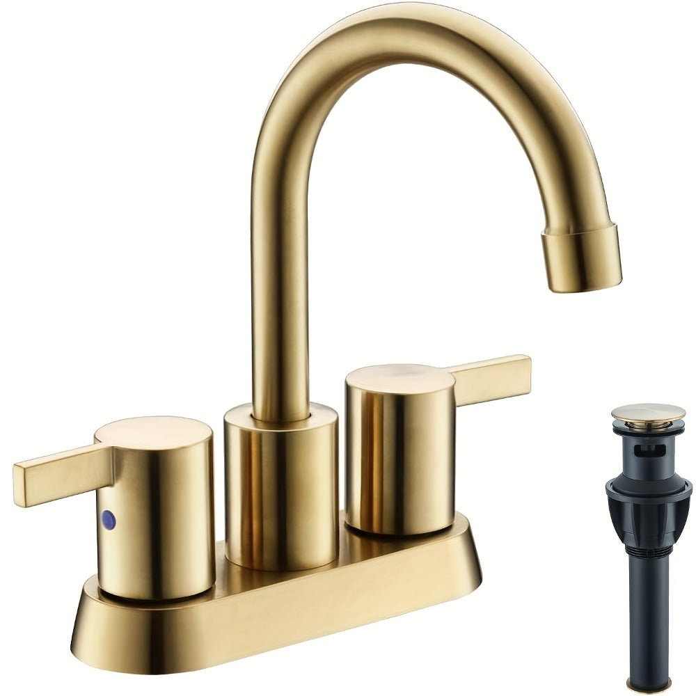 Bathroom Faucet 4-Inch 2-Handle Centerset – 360° Swivel Spout, Pop-Up Drain & Supply Lines Included, 2-3 Hole Vanity Sink Faucet for RV & Home, Brushed Gold, Matte Black, Nickel & Chrome