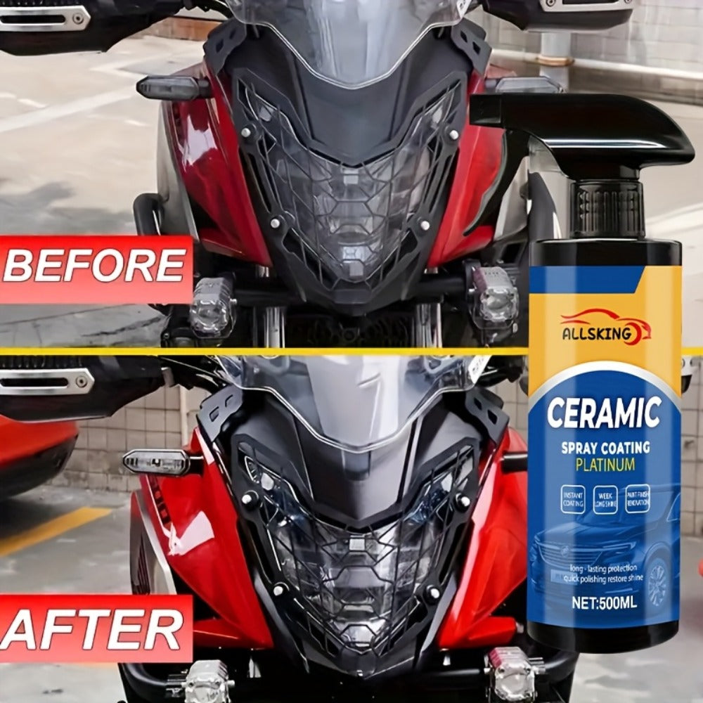 Ceramic Coating Spray for Cars - 3-in-1 Nano Polish, Scratch-Resistant Glossy Protective Layer, Compatible with All Paint Types, Includes Sponge & Towel (16.91oz)