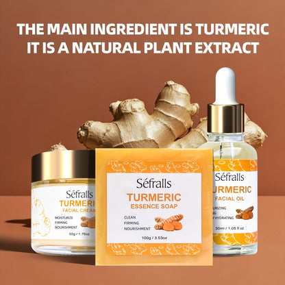 Turmeric Skincare Set 3 Pcs - Turmeric Face Cream, Facial Soap & Essential Oil Kit for Deep Pore Cleansing, Brightening & Moisturizing, Oil Control Skin Care Gift Set for Women & Men