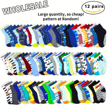 Kids' Assorted Non-Slip Crew Socks - 12/24-Pair Options