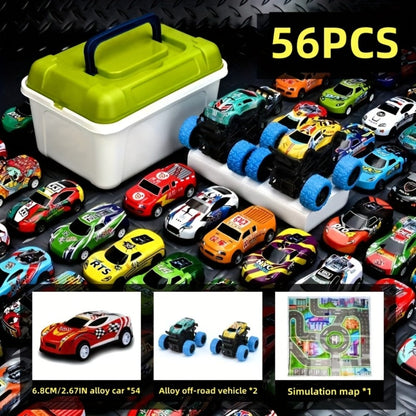 56 Pcs Mini Die-Cast Metal Car Set with 2 Stunt Cars, Play Mat & Storage Box - Friction Pull Back Toy Cars for Kids Boys Girls Ages 3+, Birthday Christmas Halloween Gift