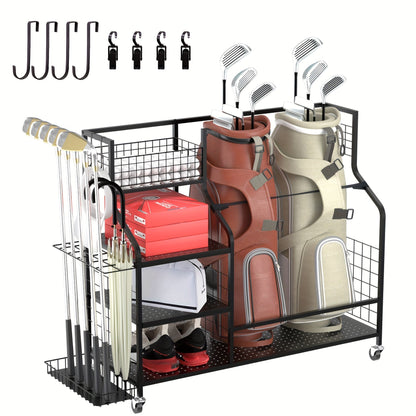 Golf Bag Storage Rack & Organizer for Garage – Extra Large Golf Club Holder Stand for 2 Bags, Heavy Duty Golf Equipment Accessories with Optional Side Pocket