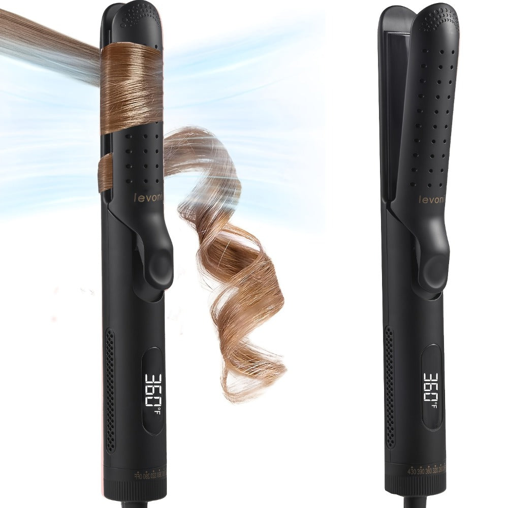 2-in-1 Curling Iron & Hair Straightener 360° Adjustable 5-Level Hot Cold Air Dual Voltage Fast Heat Salon Curler for Long Short Hair Women Black Pink