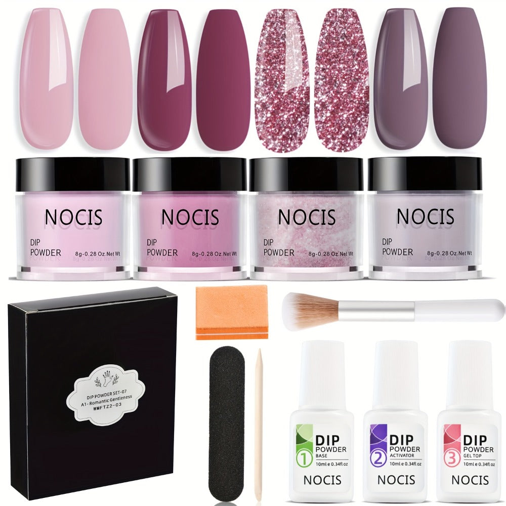 Nude Pink Glitter Dip Powder Kit 4 Colors with Base Coat Top Coat & Activator — All-in-One Beginner Starter Set for French Nail Art Salon & Home Manicure