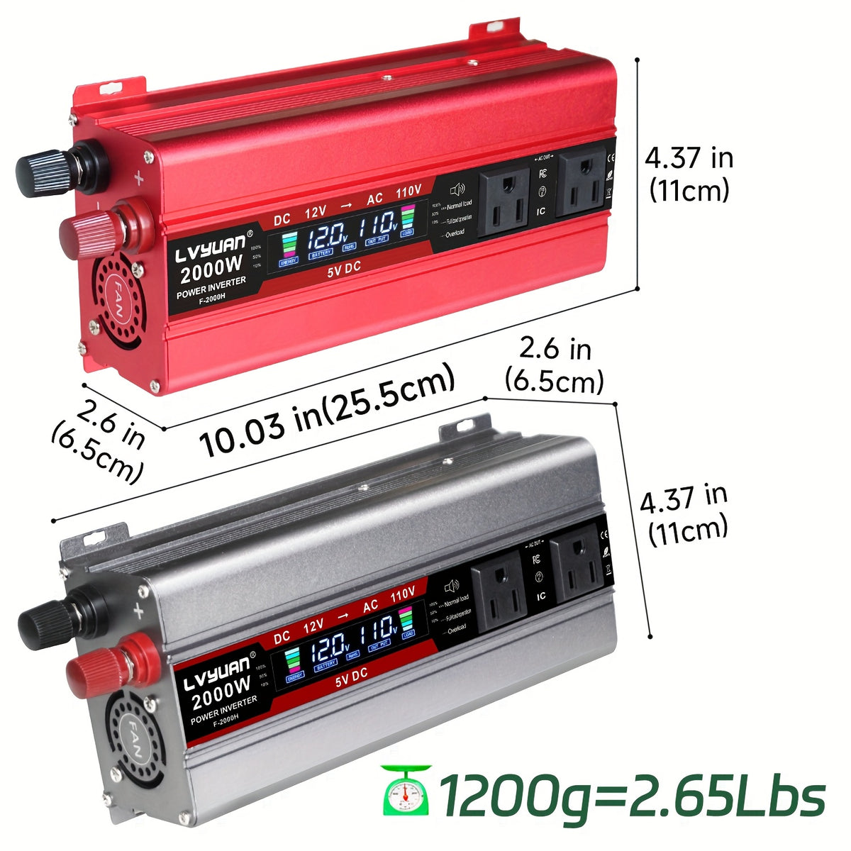 LVYUAN Car Power Inverter 2000W(Peak)1000W 12V to 110V DC to AC with 4 US Sockets, LCD Display, USB Ports for Car, Home, Outdoor, Camping Red