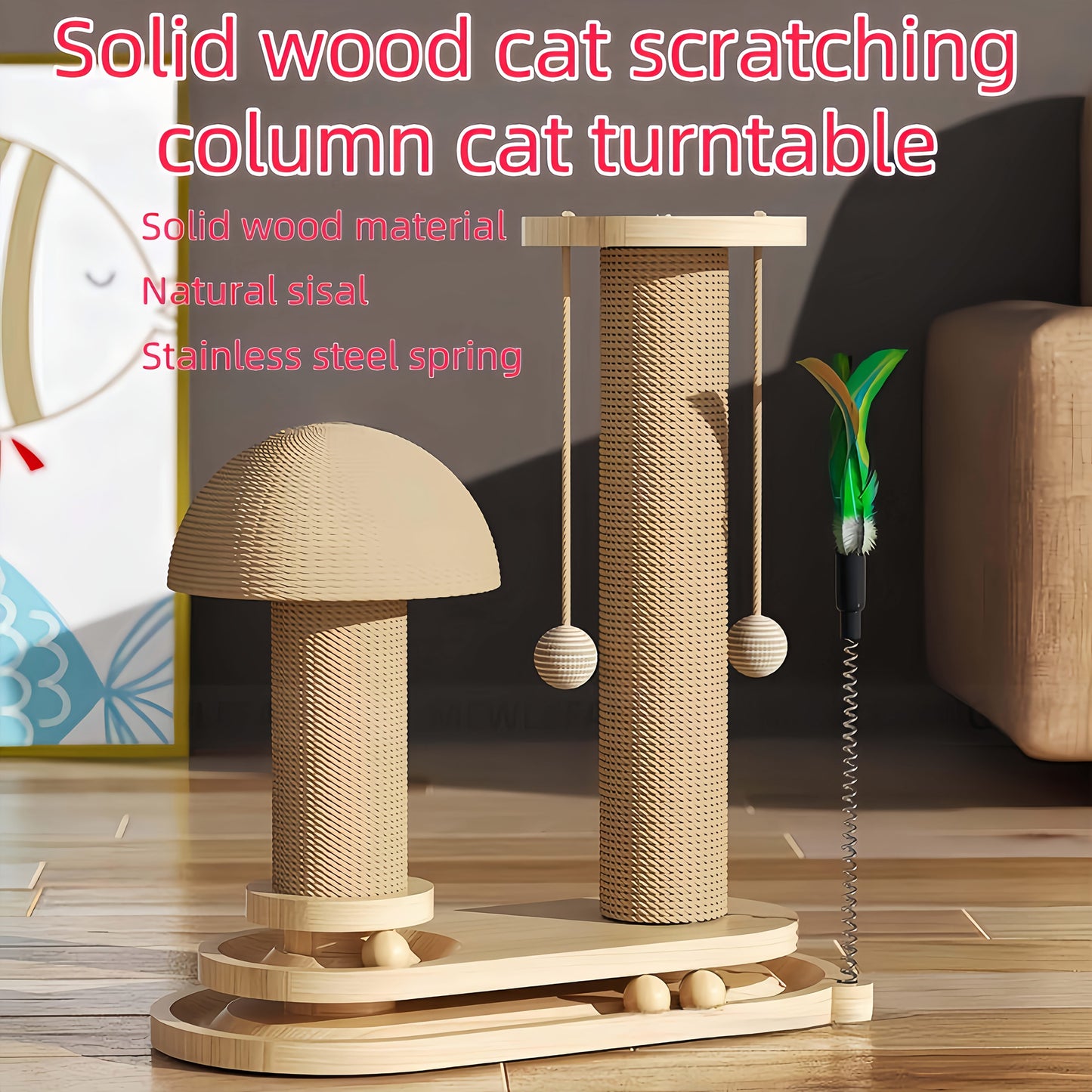 Cat Tree Solid Wood Compact Vertical Cat Climbing Structure with Sisal Scratching Post & Integrated Scratch Board, Self-Play Cat Tower for Indoor Cats, Small & Large Size