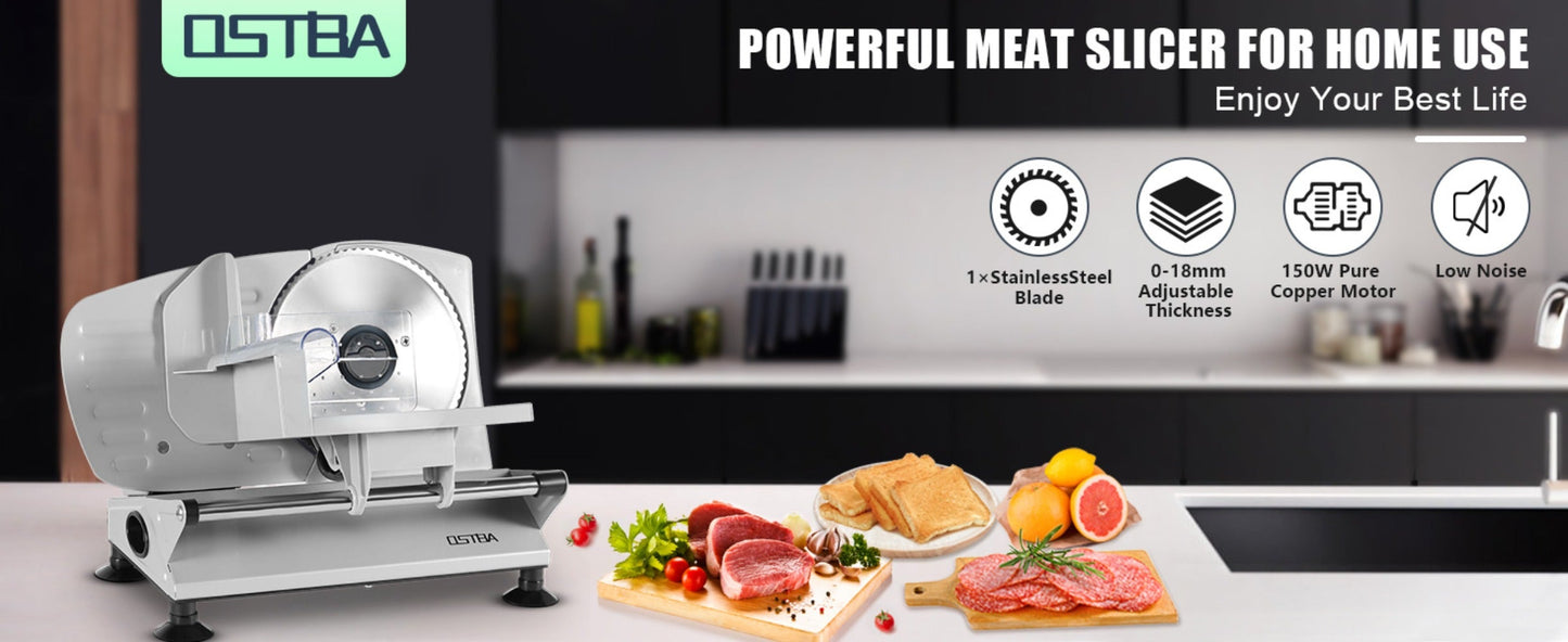 Electric Deli Food Slicer with Removable Stainless Steel Blades – Adjustable Thickness Meat Slicer for Home, Easy to Clean, Slices Cold Cuts, Cheese, Bread & Fruit