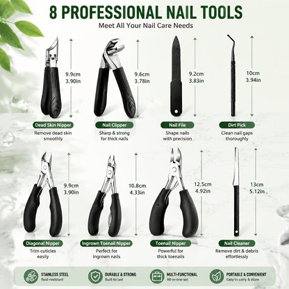 Nail Clipper Kit 7 Piece Heavy Duty for Men Professional Stainless Steel Thick Toenail Care Set – Nail File Cuticle Clipper Ergonomic Black Handle, Complete Manicure Pedicure Foot Care Tools